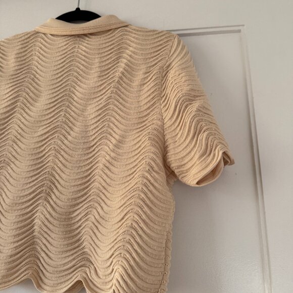 NWT Sandro Paris Campia Cropped Sweater Naturel Wavy Knit Scalop Hem Polo Style - Picture 9 of 9